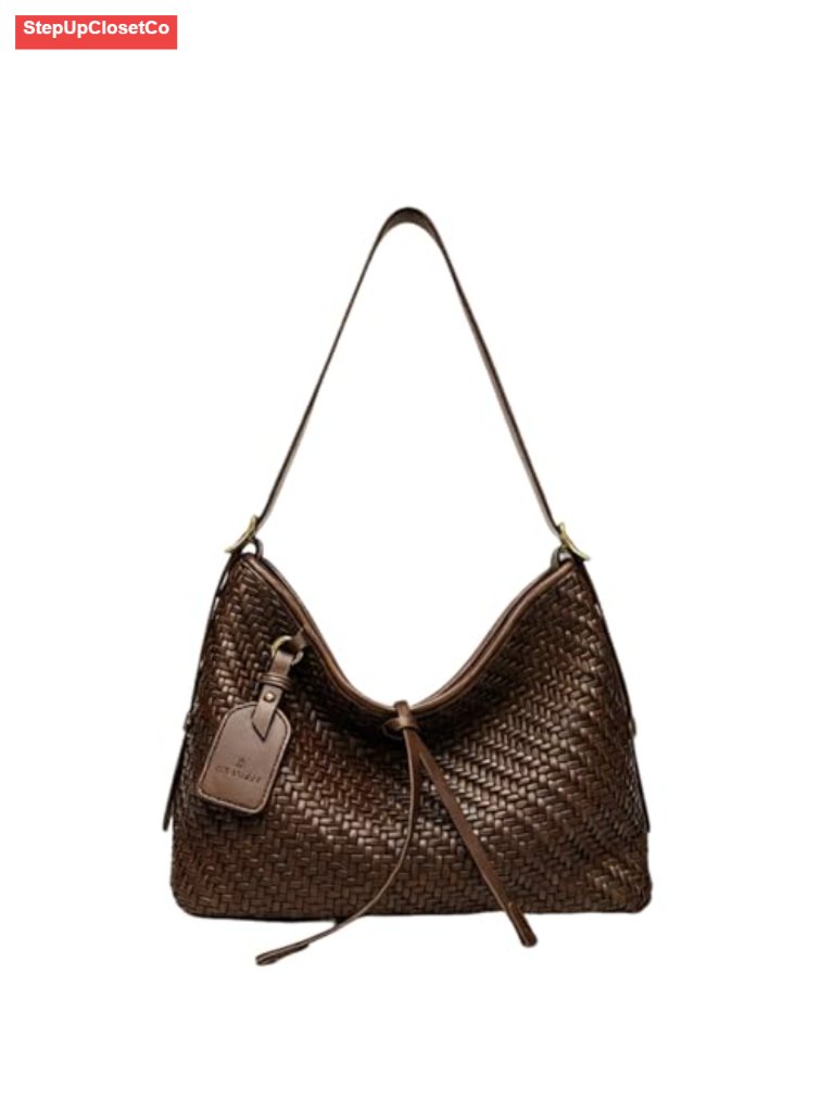 Woven Leather Shoulder Bag Women Vintage Tote